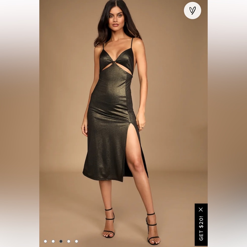 NWT Lulus Completely Mesmerized Metallic Gold Cutout Midi Dress sz XS